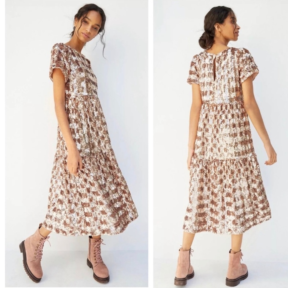 Anthropologie Maeve Bernadette rose gold sequin sparkly dress